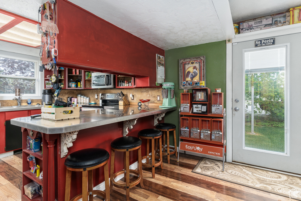 Bar with stainless steel appliances, wood finished floors, a sink, healthy amount of natural light, and a textured ceiling