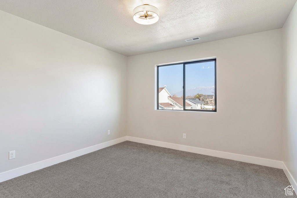 Carpeted empty room featuring baseboards and a textured ceiling
