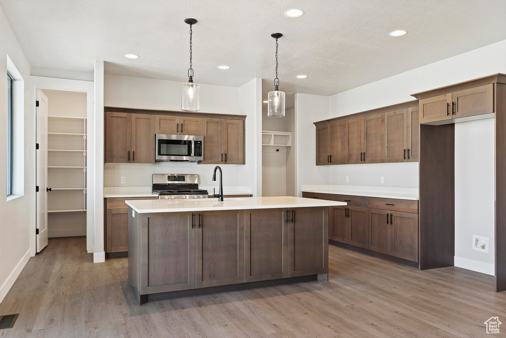 Kitchen with stainless steel appliances, light wood-style flooring, light countertops, a center island with sink, and decorative light fixtures