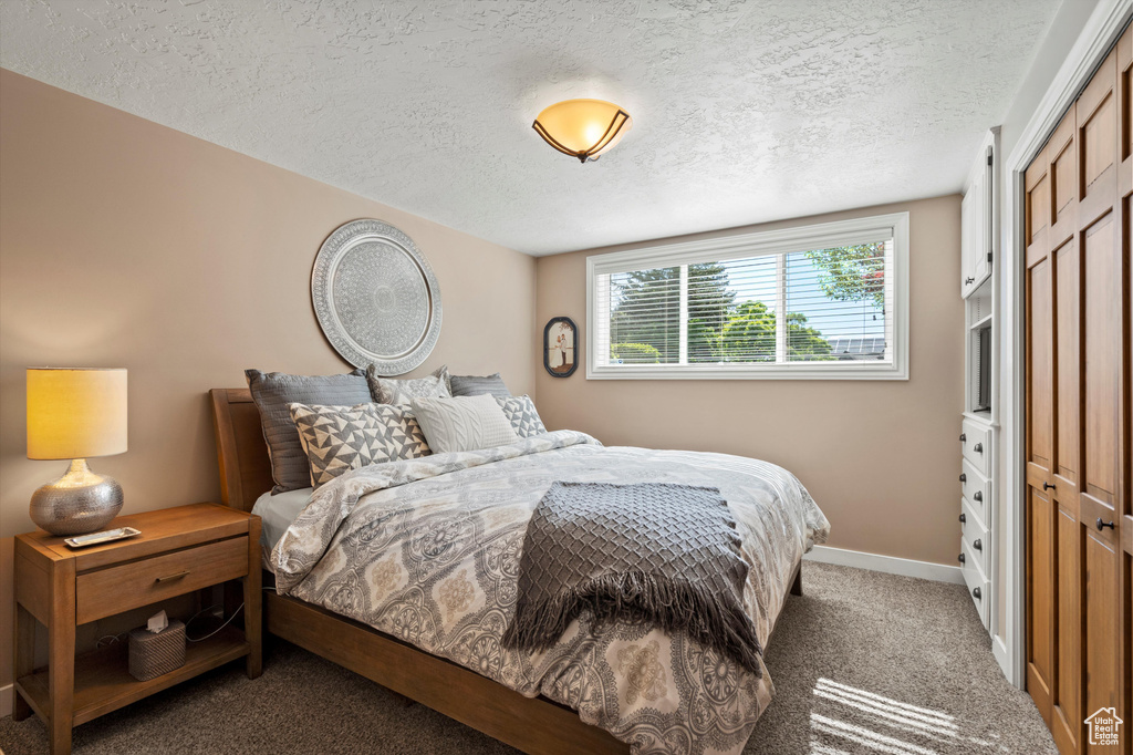 Carpeted bedroom with a textured ceiling, a closet, and baseboards