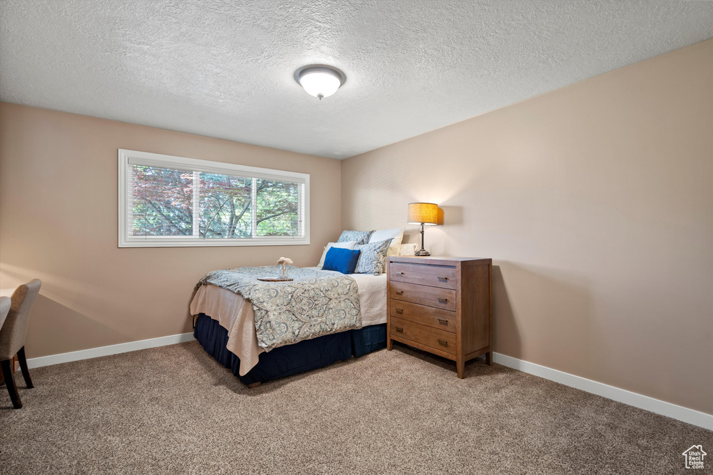 Bedroom with light carpet, a textured ceiling, and baseboards