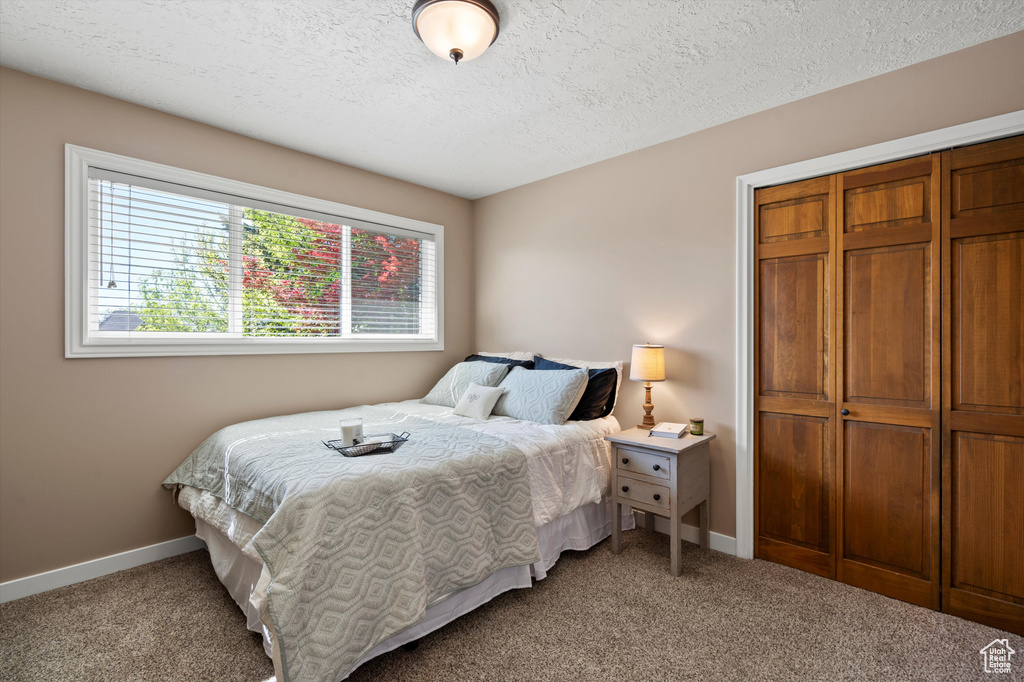 Bedroom featuring carpet, a closet, baseboards, and a textured ceiling
