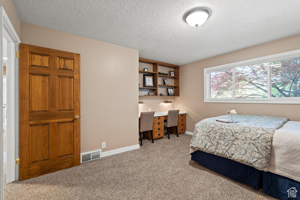 Carpeted bedroom with a textured ceiling, baseboards, and a desk