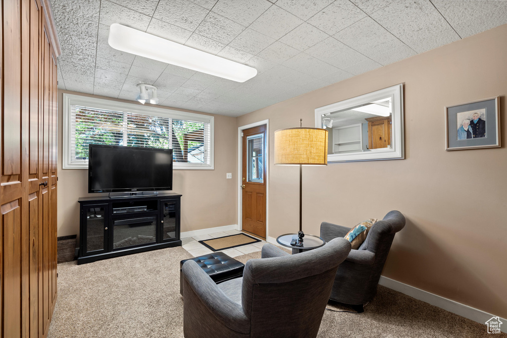 Carpeted living area with baseboards