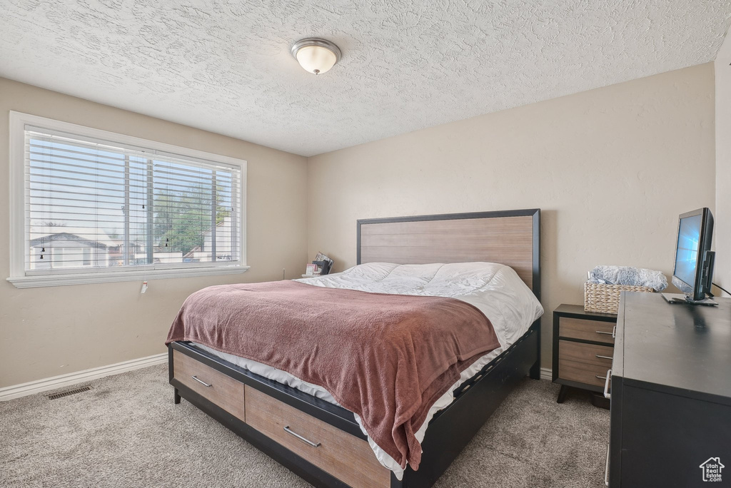 Bedroom with carpet, baseboards, and a textured ceiling