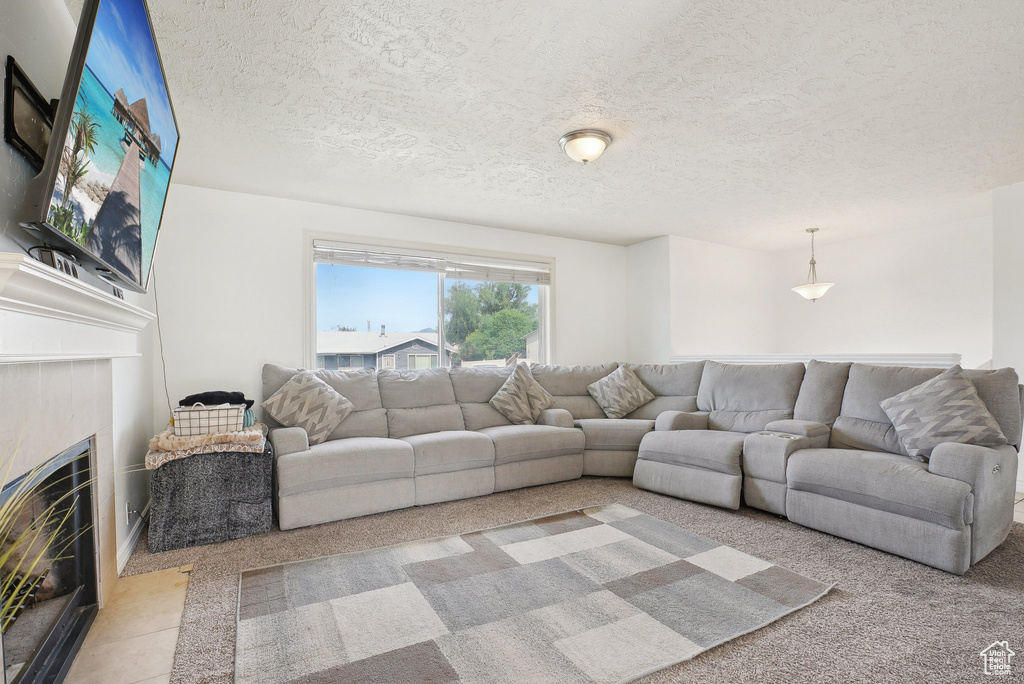Living room with carpet floors, a fireplace with flush hearth, and a textured ceiling