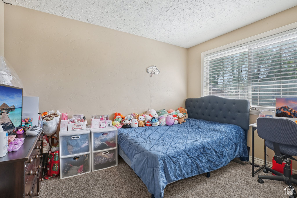 Bedroom with carpet flooring and a textured ceiling