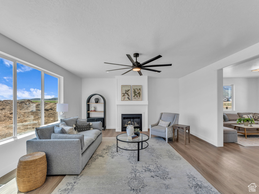 Living area with wood finished floors, a ceiling fan, plenty of natural light, and a glass covered fireplace