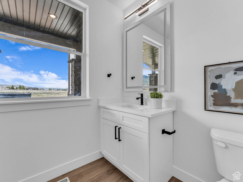 Bathroom featuring baseboards, wood finished floors, toilet, and vanity