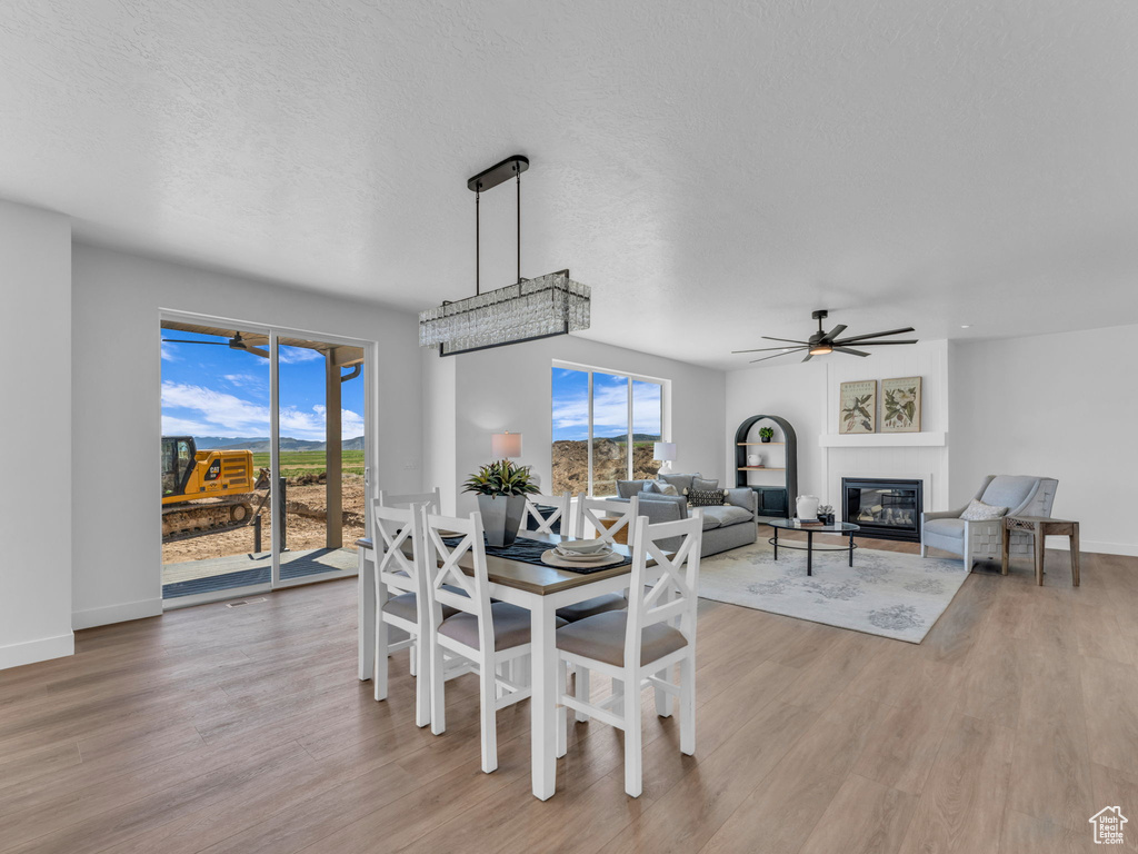 Dining space featuring light wood-style floors, a glass covered fireplace, a ceiling fan, plenty of natural light, and a textured ceiling