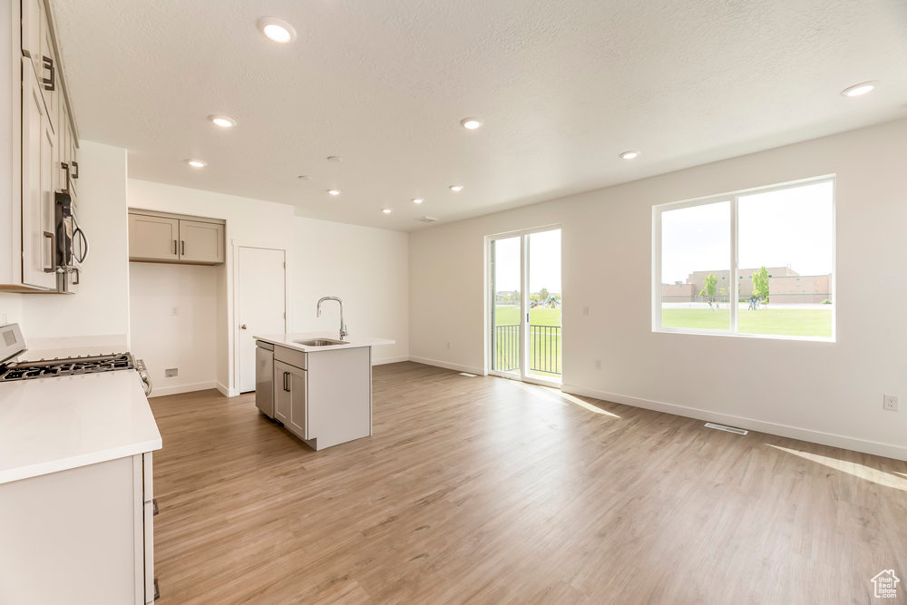 Kitchen with a sink, appliances with stainless steel finishes, light wood-type flooring, baseboards, and recessed lighting