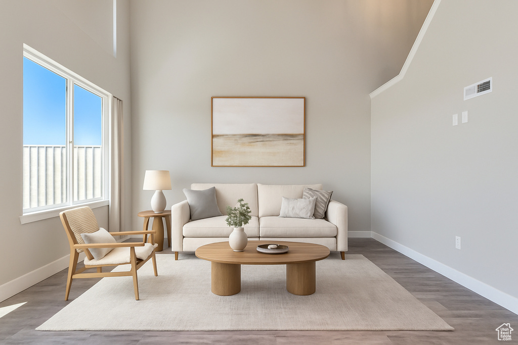 Living area featuring baseboards, a high ceiling, and wood finished floors