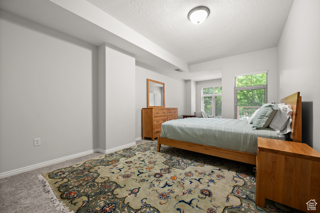 Carpeted bedroom featuring baseboards, visible vents, and a textured ceiling