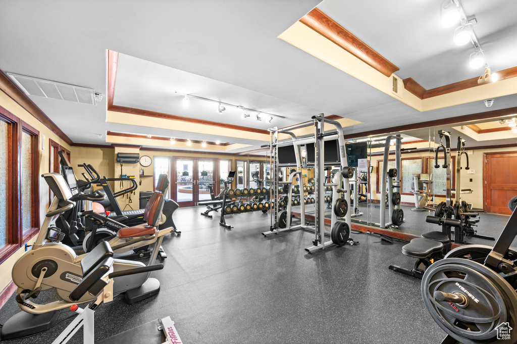 Exercise room with rail lighting, visible vents, a raised ceiling, and ornamental molding