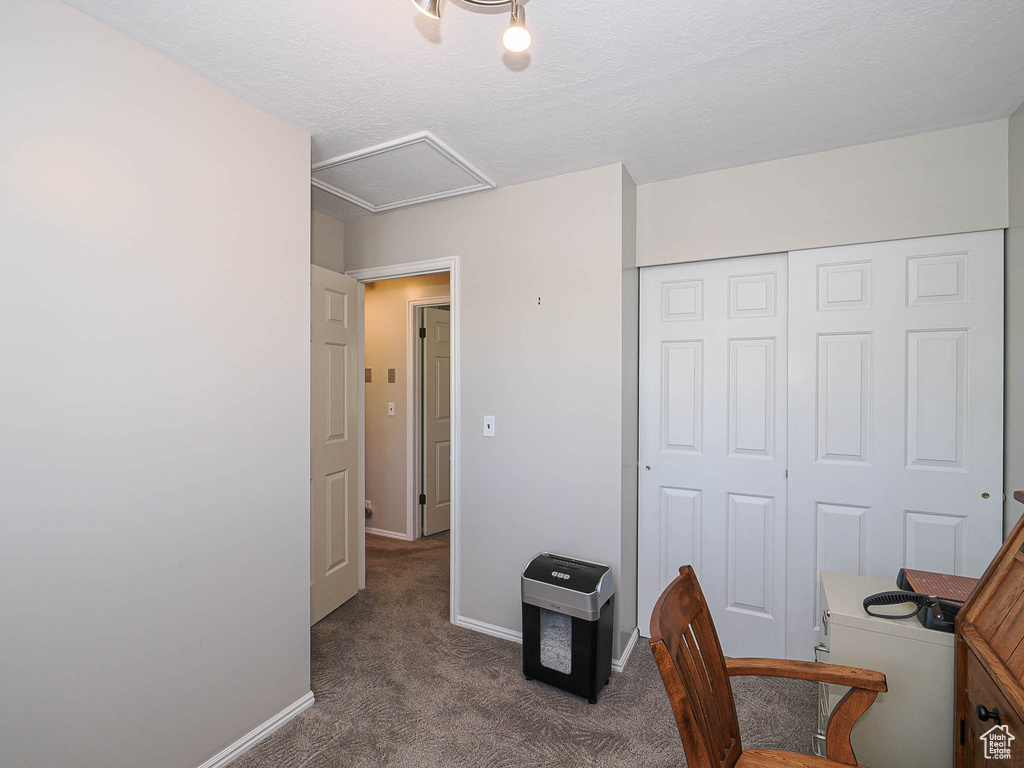 Carpeted office space with attic access and baseboards