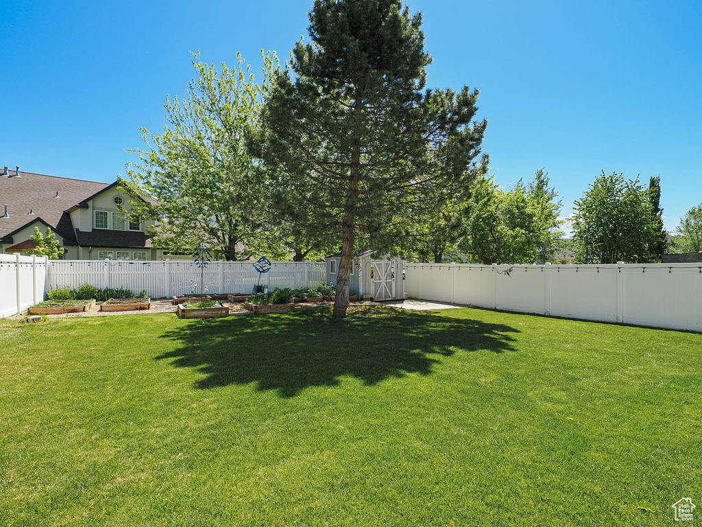 View of yard with a vegetable garden, a storage shed, and an outbuilding
