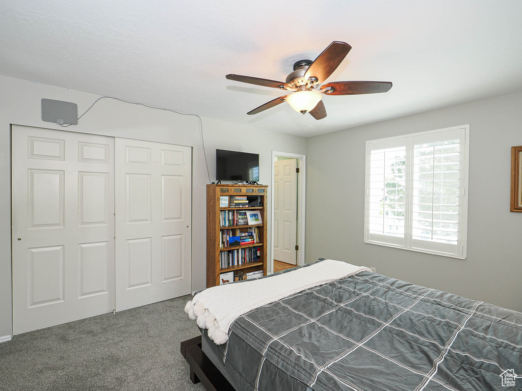 Bedroom with carpet, a closet, and a ceiling fan