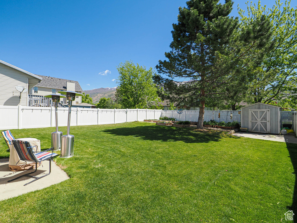 View of yard with a shed, an outbuilding, and a mountain view