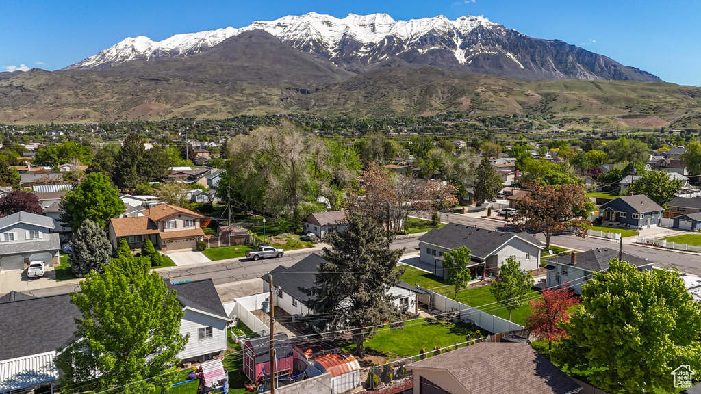 Aerial view of residential area with mountains