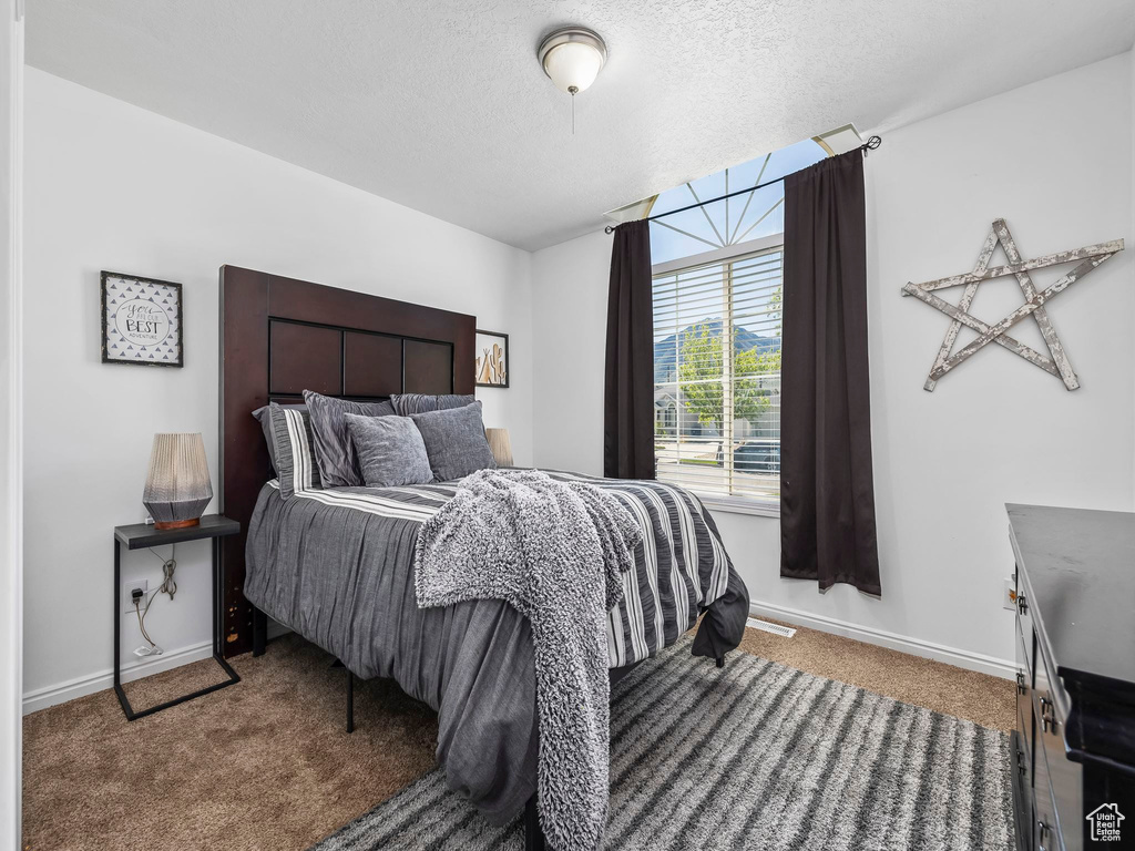 Bedroom with carpet flooring, baseboards, and a textured ceiling