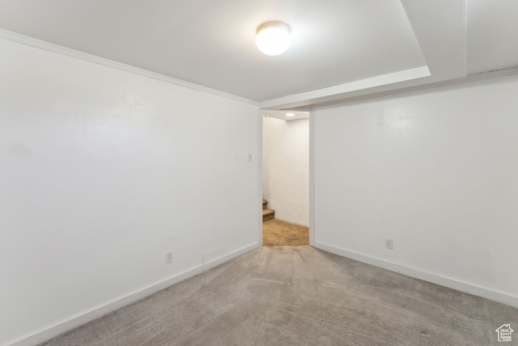 Finished basement featuring carpet floors and baseboards