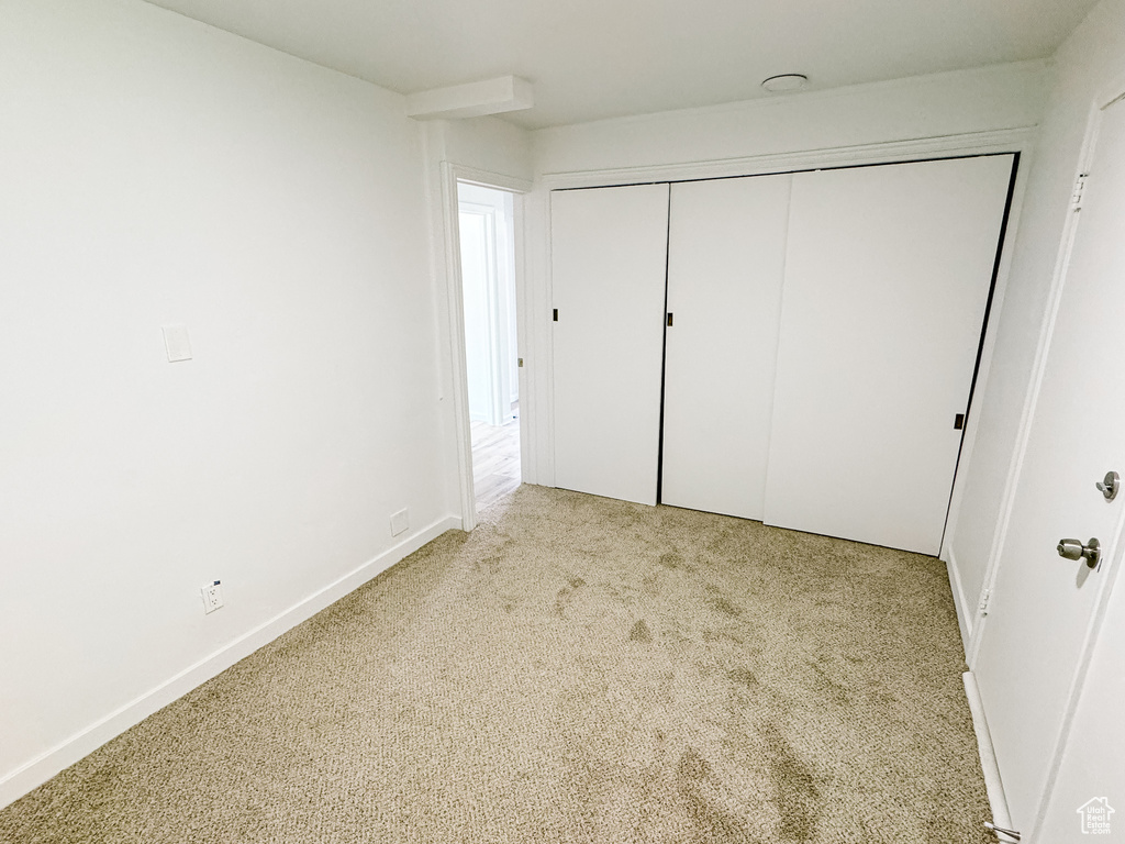 Unfurnished bedroom featuring carpet floors, a closet, and baseboards