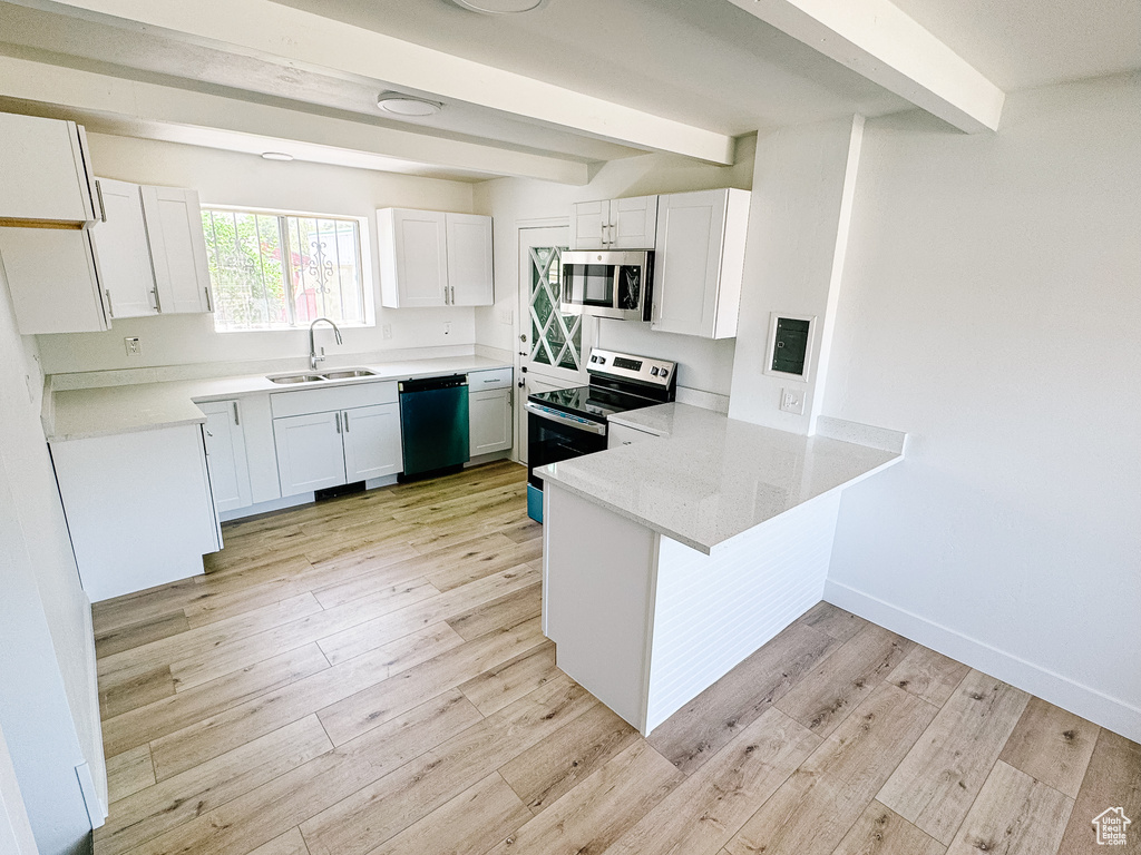 Kitchen with stainless steel appliances, a sink, a peninsula, beamed ceiling, and light wood-style flooring
