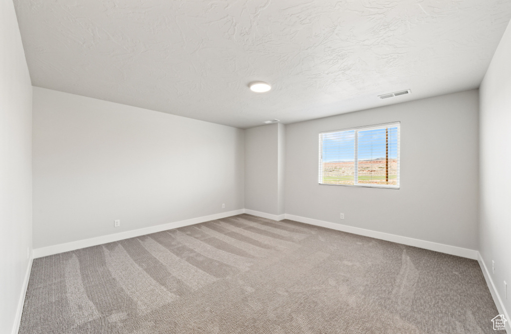 Carpeted spare room featuring a textured ceiling and baseboards