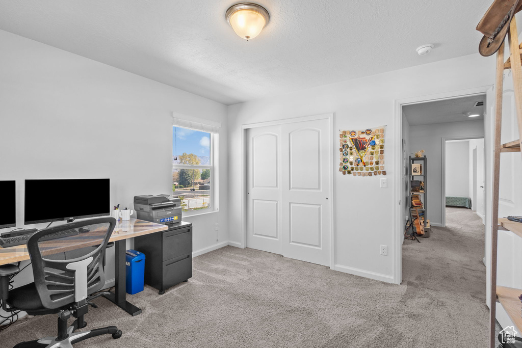 Office area featuring light colored carpet and baseboards