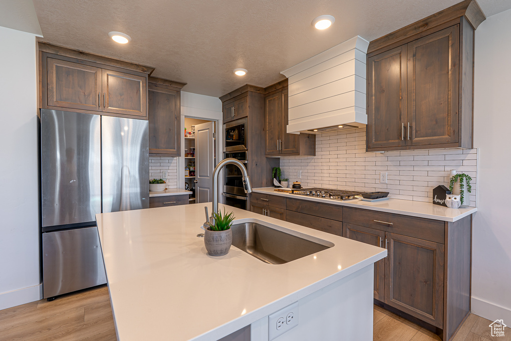 Kitchen featuring stainless steel appliances, baseboards, premium range hood, light wood-type flooring, and light countertops