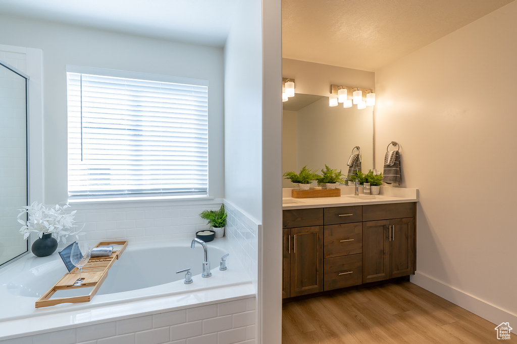 Bathroom with vanity, a garden tub, and wood finished floors