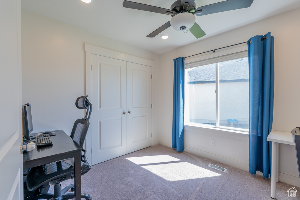 Office featuring carpet flooring, ceiling fan, and recessed lighting