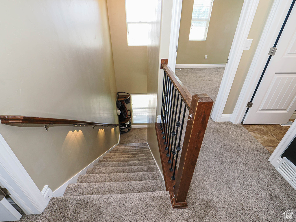 Stairway featuring carpet flooring and baseboards