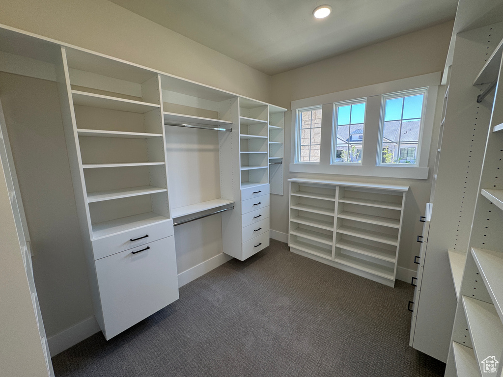Walk in closet with dark carpet