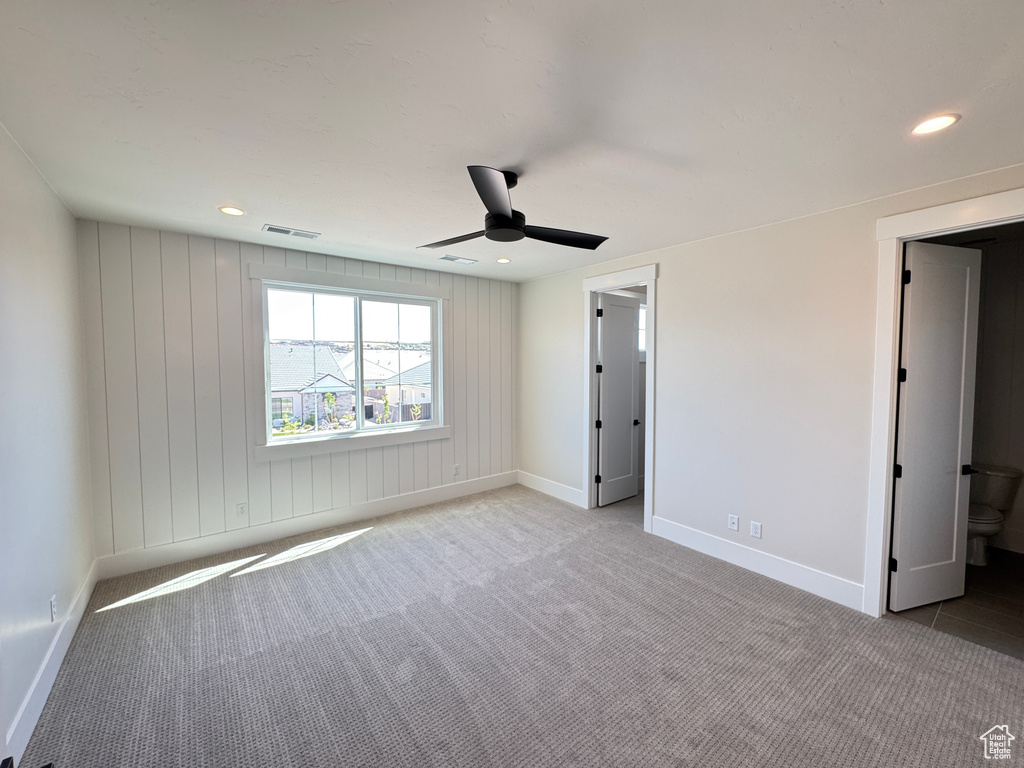 Empty room with baseboards, a ceiling fan, carpet floors, and recessed lighting