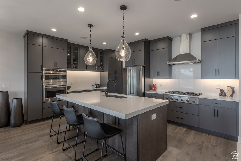 Kitchen featuring wall chimney range hood, stainless steel appliances, a sink, gray cabinetry, and recessed lighting