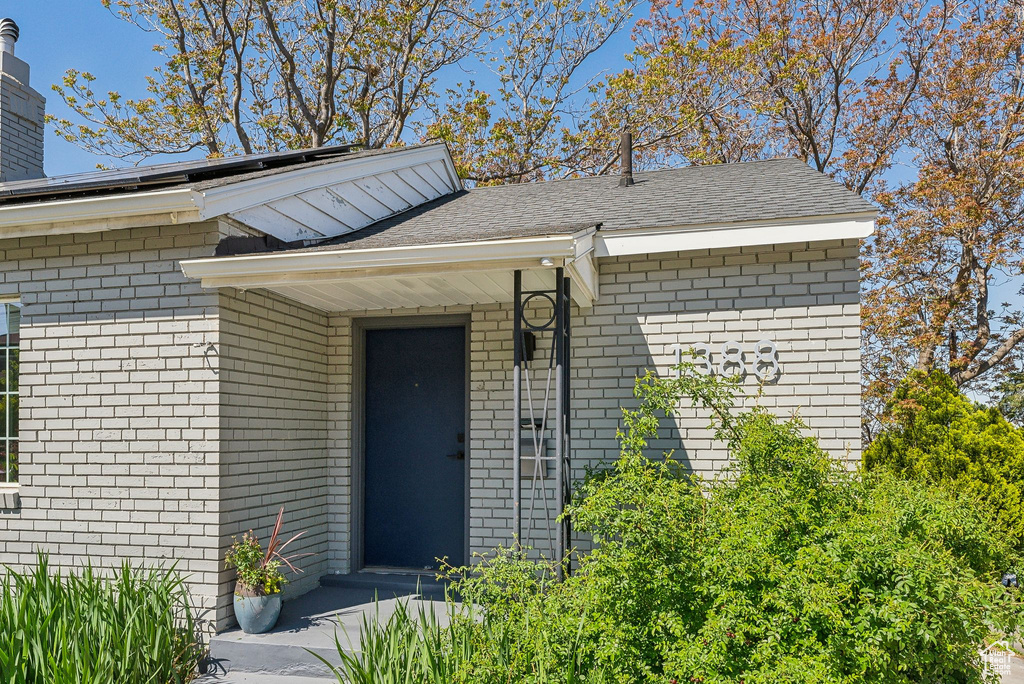 Property entrance featuring a shingled roof, a chimney, and brick siding