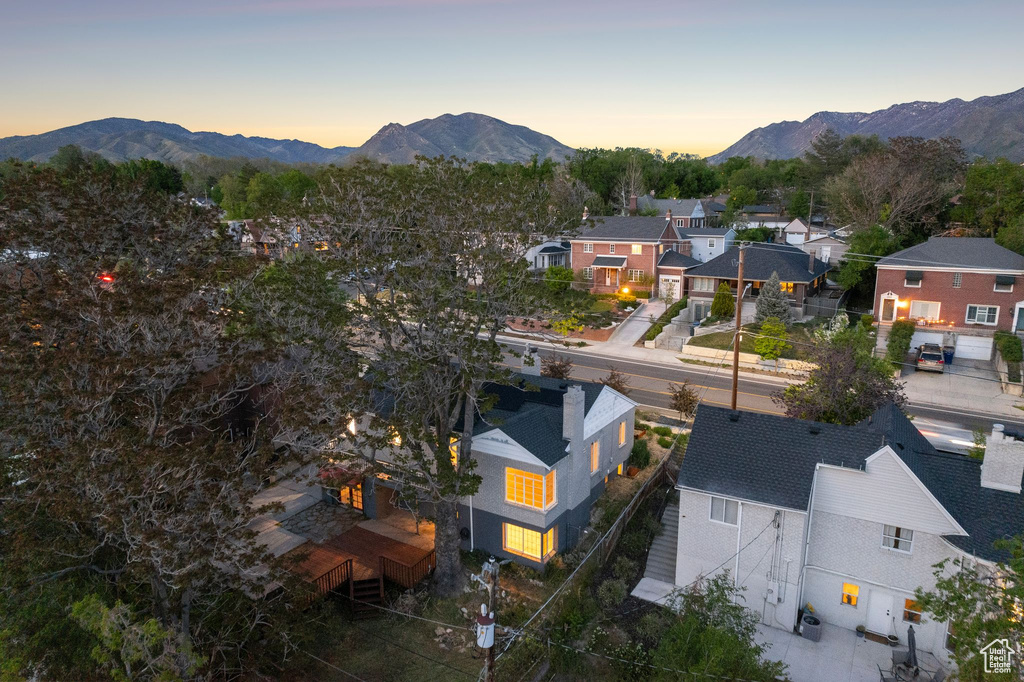 Aerial view at dusk with a mountain view and a residential view