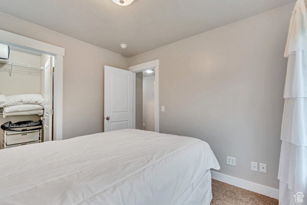 Carpeted bedroom featuring baseboards and a closet