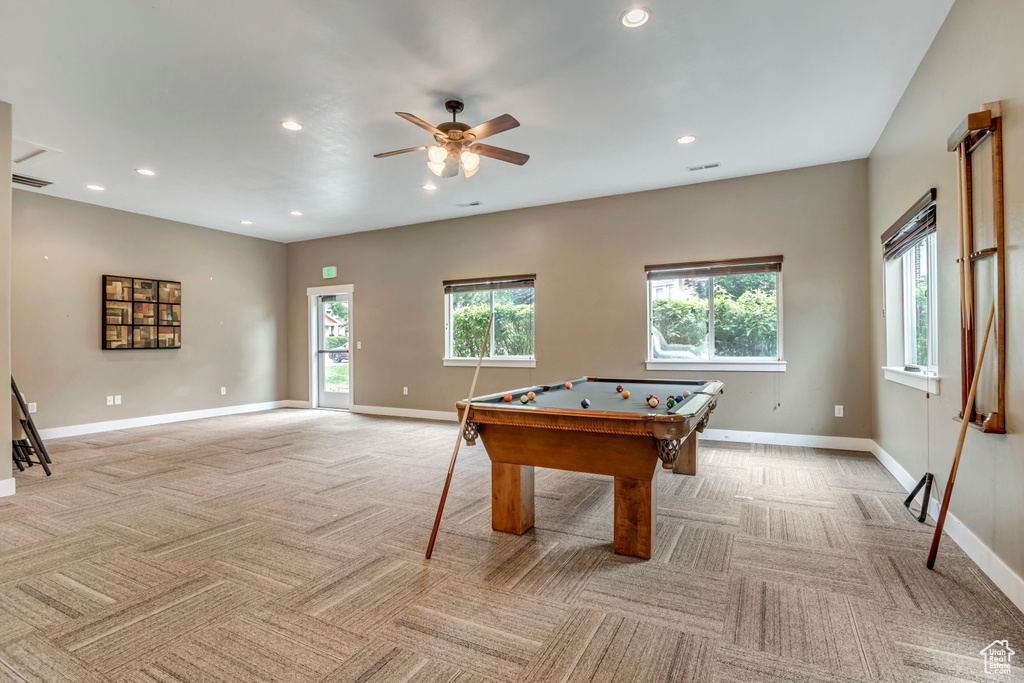 Playroom featuring light colored carpet, recessed lighting, baseboards, and billiards