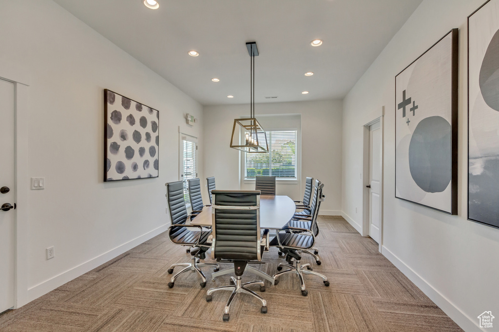 Dining area with recessed lighting, carpet, baseboards, and an office area
