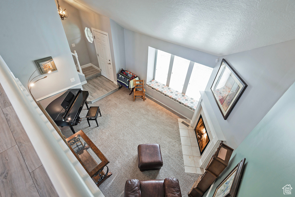 Living room with a textured ceiling and carpet floors