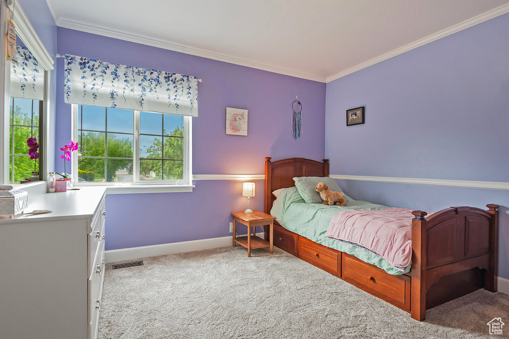 Bedroom with carpet flooring, visible vents, baseboards, and ornamental molding