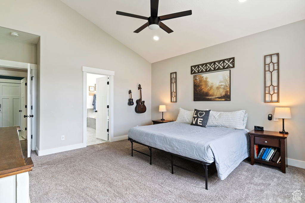 Carpeted bedroom featuring baseboards, high vaulted ceiling, recessed lighting, connected bathroom, and a ceiling fan