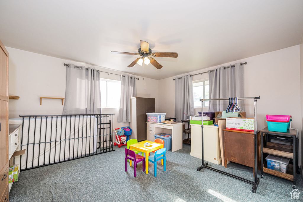 Recreation room with a ceiling fan, healthy amount of natural light, and carpet flooring