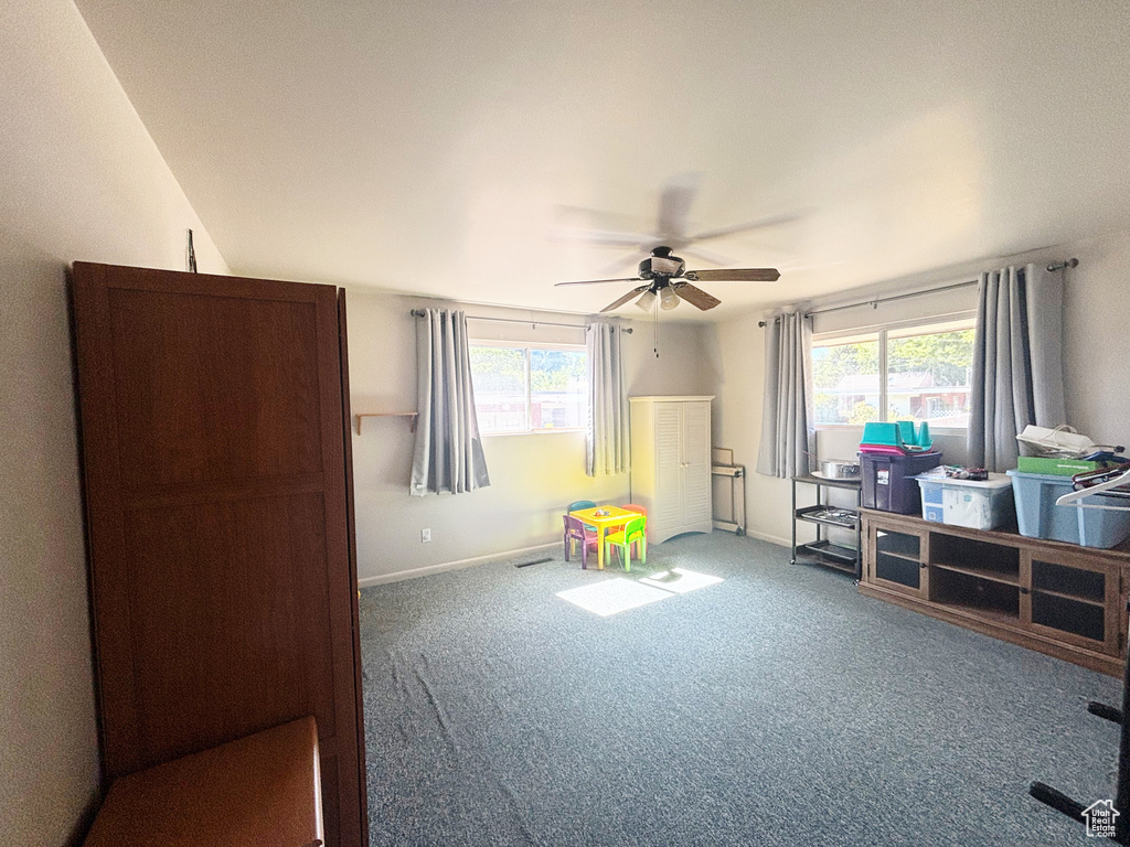 Interior space with a ceiling fan, healthy amount of natural light, and carpet flooring
