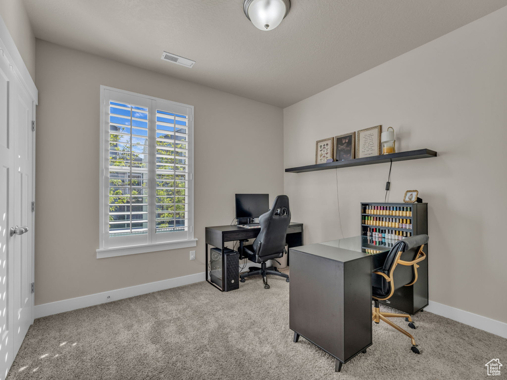 Carpeted office featuring baseboards