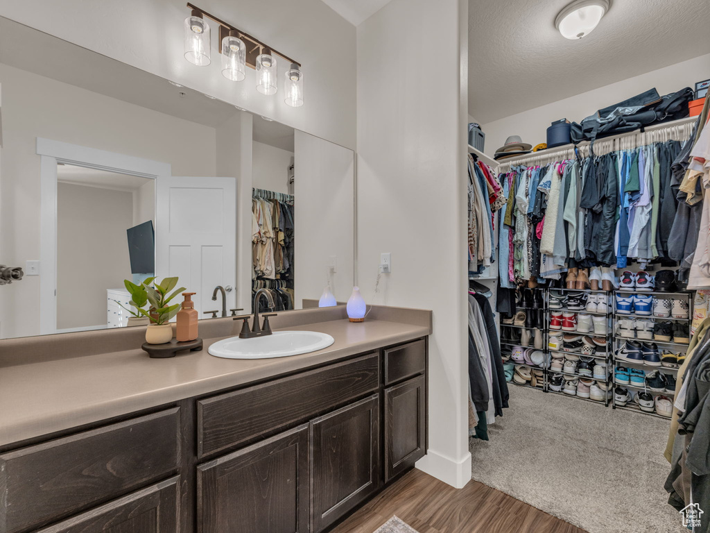 Bathroom featuring a walk in closet, vanity, and wood finished floors