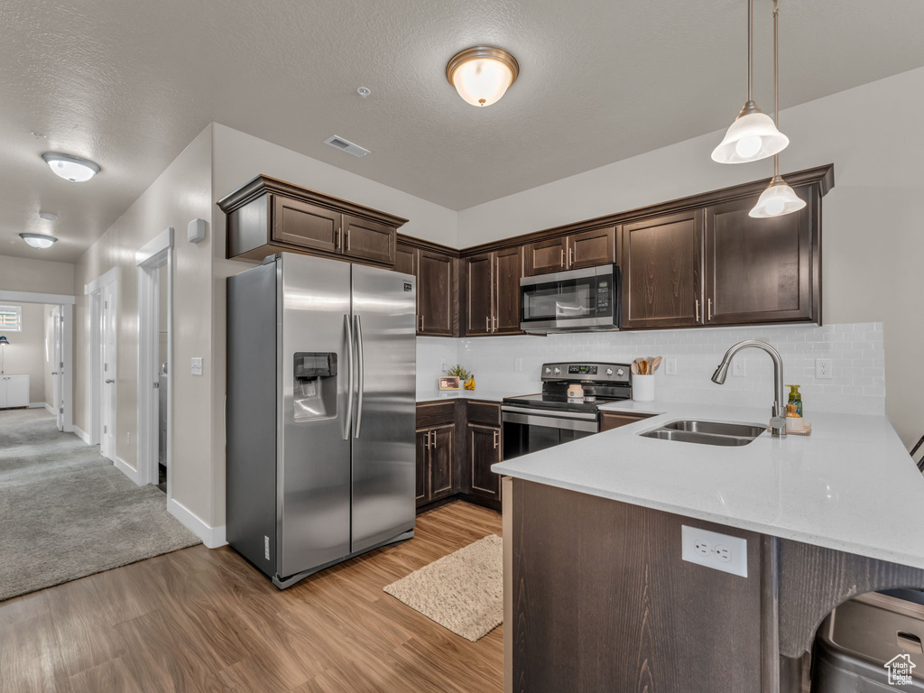 Kitchen featuring appliances with stainless steel finishes, a sink, dark brown cabinetry, light wood-style flooring, and tasteful backsplash