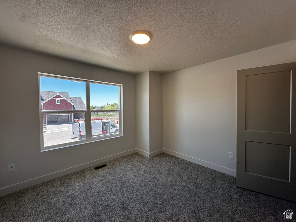 Empty room featuring a textured ceiling, carpet floors, and baseboards